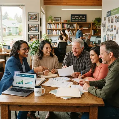 Staff of a community foundation laughing together over reports and a laptop