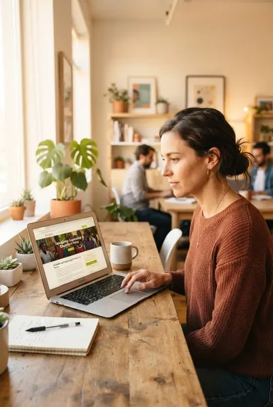 A woman browsing a nonprofit website on a laptop at a shared work table