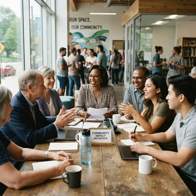 A group of people of different ages talking around a table at a community impact meeting