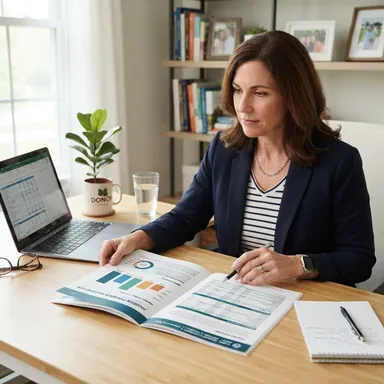 A woman reviewing a program funding report at her desk