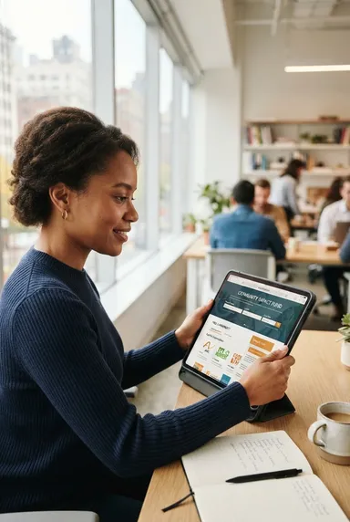 A woman smiling at a community fund website on a tablet