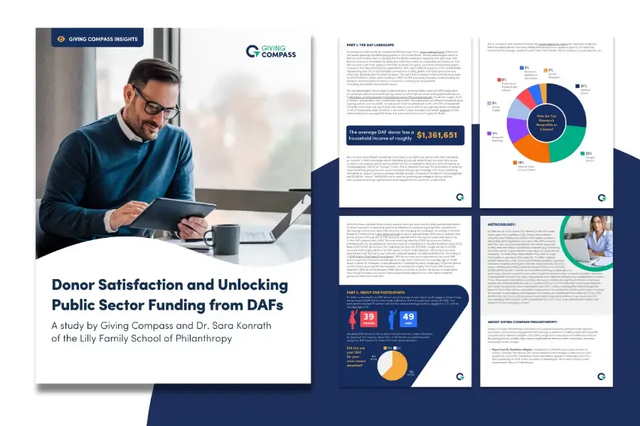 Cover of Donor Satisfaction and Unlocking Public Sector Funding from DAFs, a study by Giving Compass and Dr. Sara Konrath of the Lilly Family School of Philanthropy, beside four of its pages