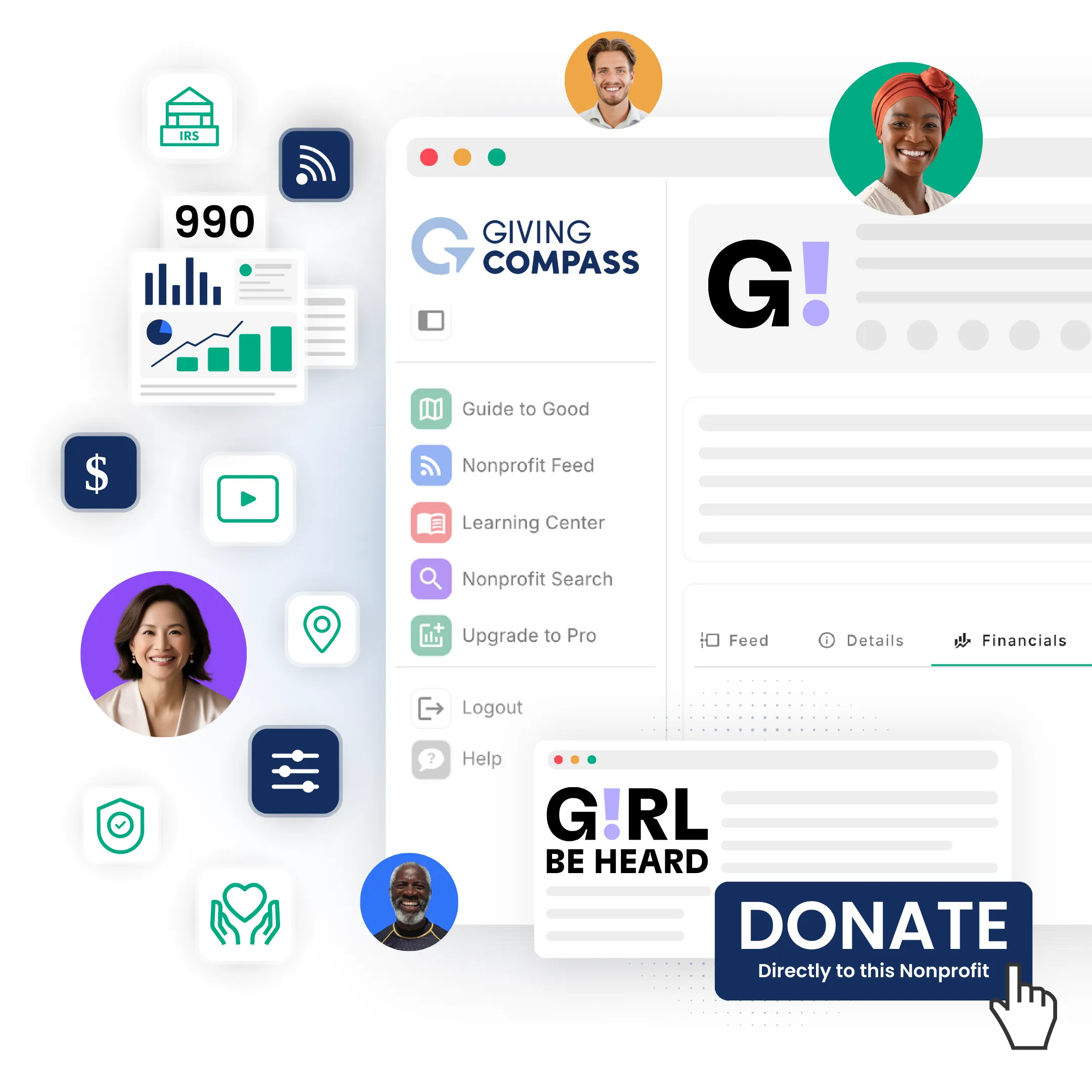 The Giving Compass app open on a nonprofit’s profile with a Donate button, surrounded by donor portraits and icons for 990 filings, financials, feeds and video