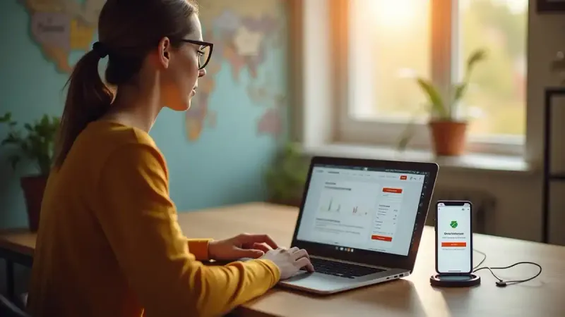 A woman working at a laptop with her phone beside it