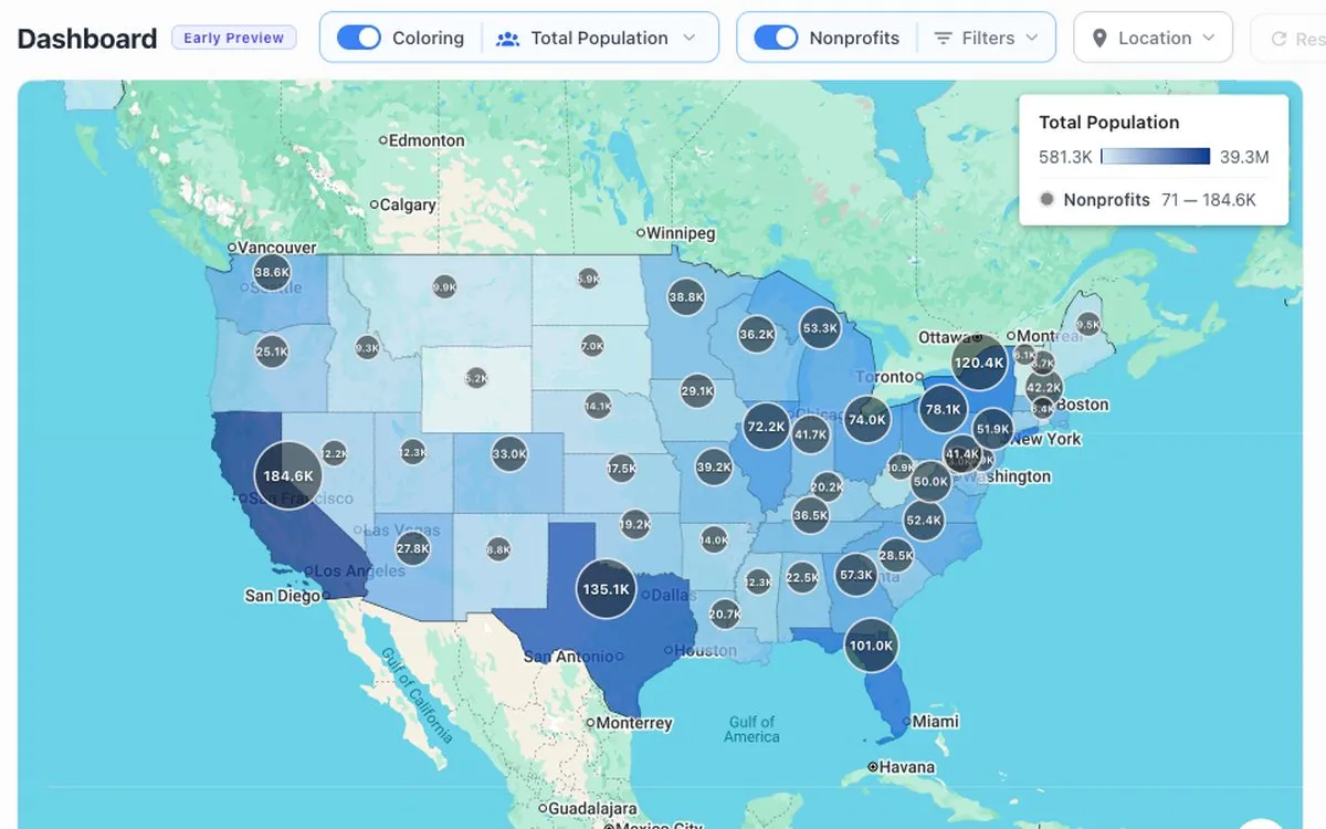 The Insights Dashboard: a map of the US shaded by population, with nonprofit counts across each state
